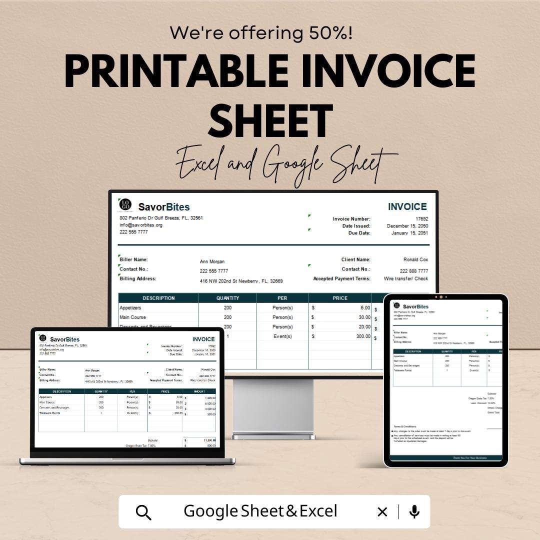 Printable Invoice Sheet - Excel & Google Sheets Template | Easy-to-Use Invoice Tracker | 50% Off
