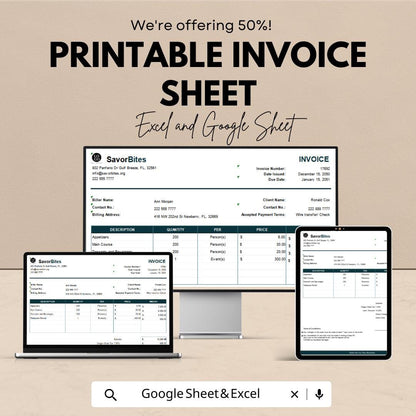 Printable Invoice Sheet - Excel & Google Sheets Template | Easy-to-Use Invoice Tracker | 50% Off