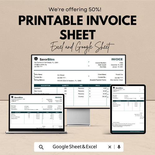 Printable Invoice Sheet - Excel & Google Sheets Template | Easy-to-Use Invoice Tracker | 50% Off