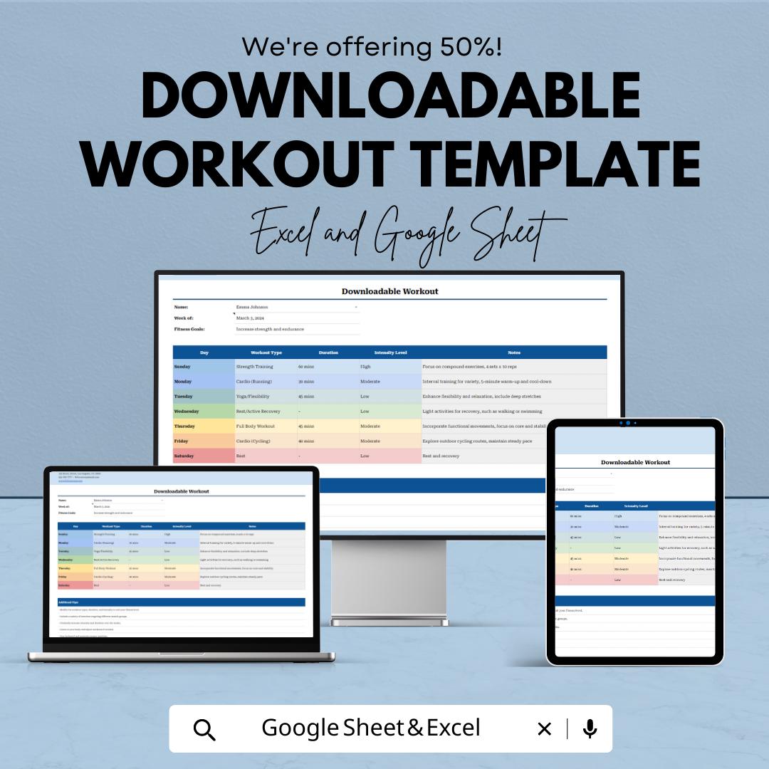 Workout Planner Spreadsheet | Weekly Workout Template | Fitness Tracker Template | Excel and Google Sheets Workout Planner | Gym Workout Log