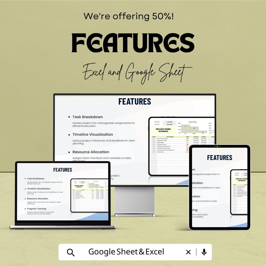 Project Work Schedule Template | Project Planner Spreadsheet | Task Tracker | Timeline Planner | Excel & Google Sheets | Project Management