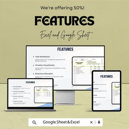 Project Work Schedule Template | Project Planner Spreadsheet | Task Tracker | Timeline Planner | Excel & Google Sheets | Project Management