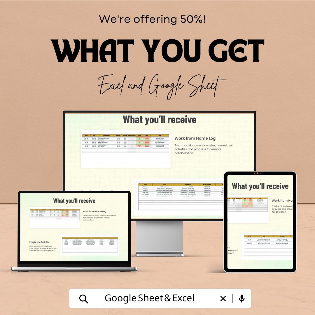 Construction Work From Home Template | Remote Construction Project Tracker | Contractor Task Log | Project Management Spreadsheet