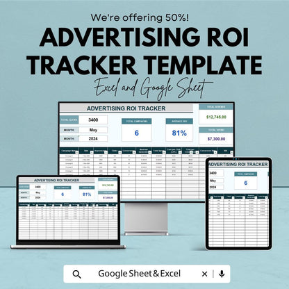 Advertising ROI Tracker Template | Ad Performance Tracker | Marketing ROI Spreadsheet | Excel & Google Sheets ROI Calculator |