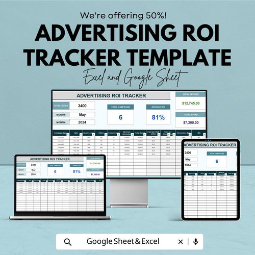 Advertising ROI Tracker Template | Ad Performance Tracker | Marketing ROI Spreadsheet | Excel & Google Sheets ROI Calculator |