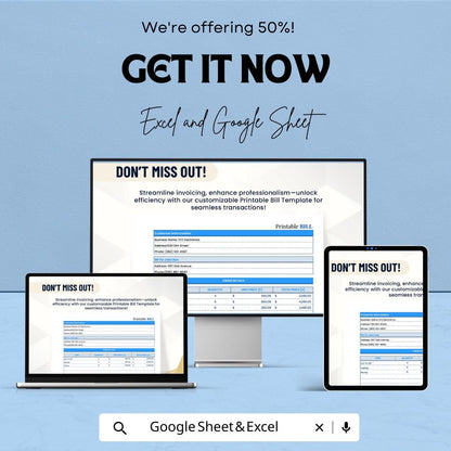 Printable Bill Template - Excel and Google Sheets, Customizable Invoice Bill, Professional Billing Sheet, Tax & Quantity Tracker