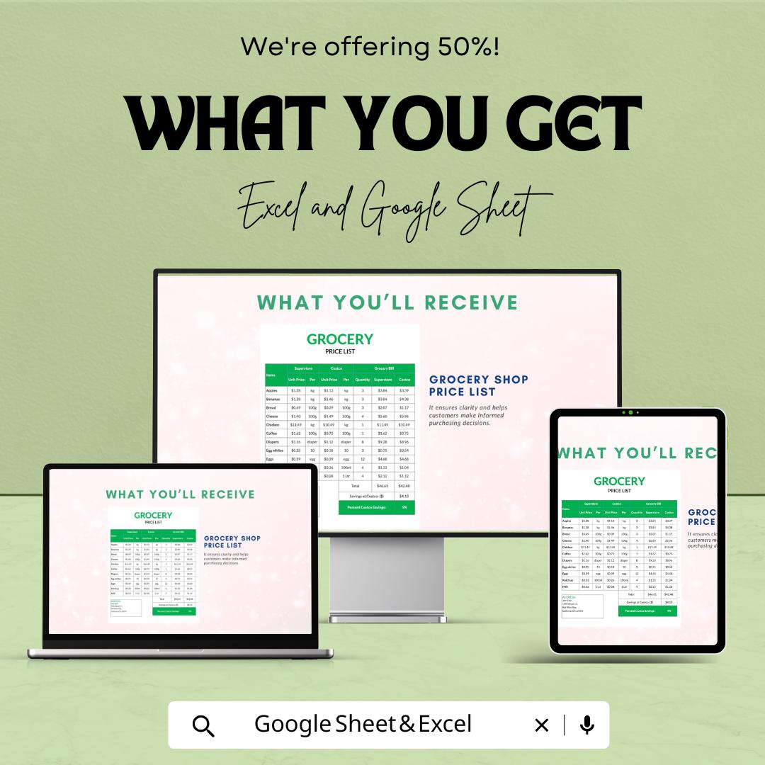 Grocery Shop Price List Sheet | Excel & Google Sheets | Product Pricing, Inventory Management Template