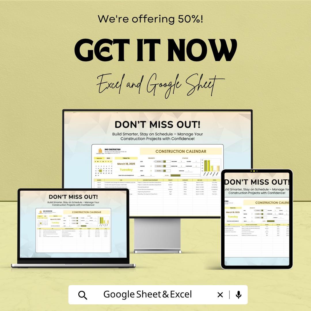 Construction Calendar Template | Construction Project Planner Spreadsheet | Construction Schedule Tracker | Project Management Calendar |