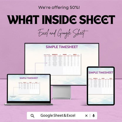 Simple Timesheet Template | Employee Timesheet Spreadsheet | Work Hours Tracker Template | Daily Time Log Sheet