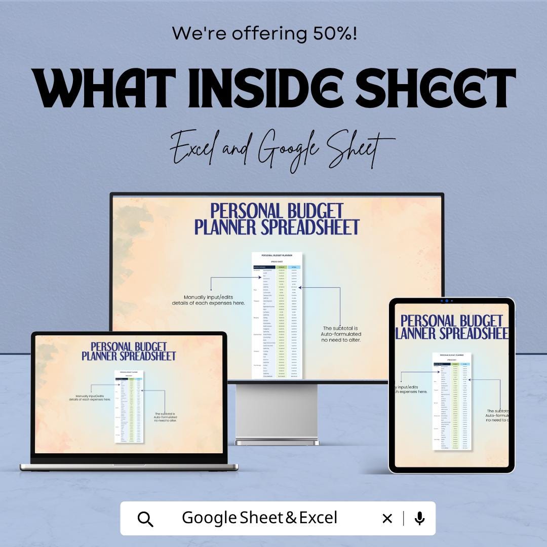 Personal Budget Planner Spreadsheet Template for Excel & Google Sheets | Monthly Budget Tracker | Expense Planner | Financial Budget Sheet |