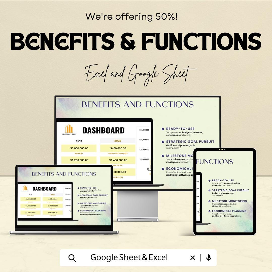 Construction Financial Plan Template | Dashboard Budget Forecast | Excel and Google Sheets | Construction Revenue Expense Cash Flow Planner
