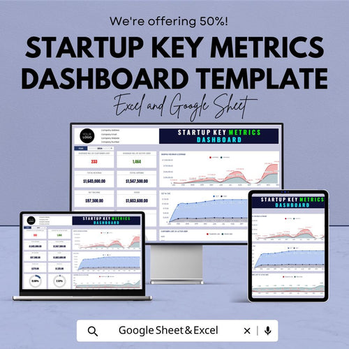 Startup Key Metrics Dashboard Template | Business KPI Dashboard Spreadsheet | Investor Metrics Tracker | Excel & Google Sheets