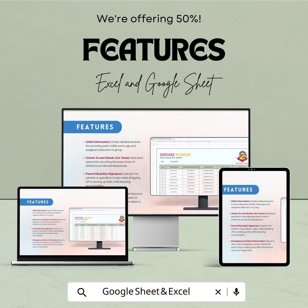 Daycare Nursery Daily Sign Out Sheet | Childcare Attendance Log for Parents | Excel & Google Sheets Template | Track Kids Check-In/Out