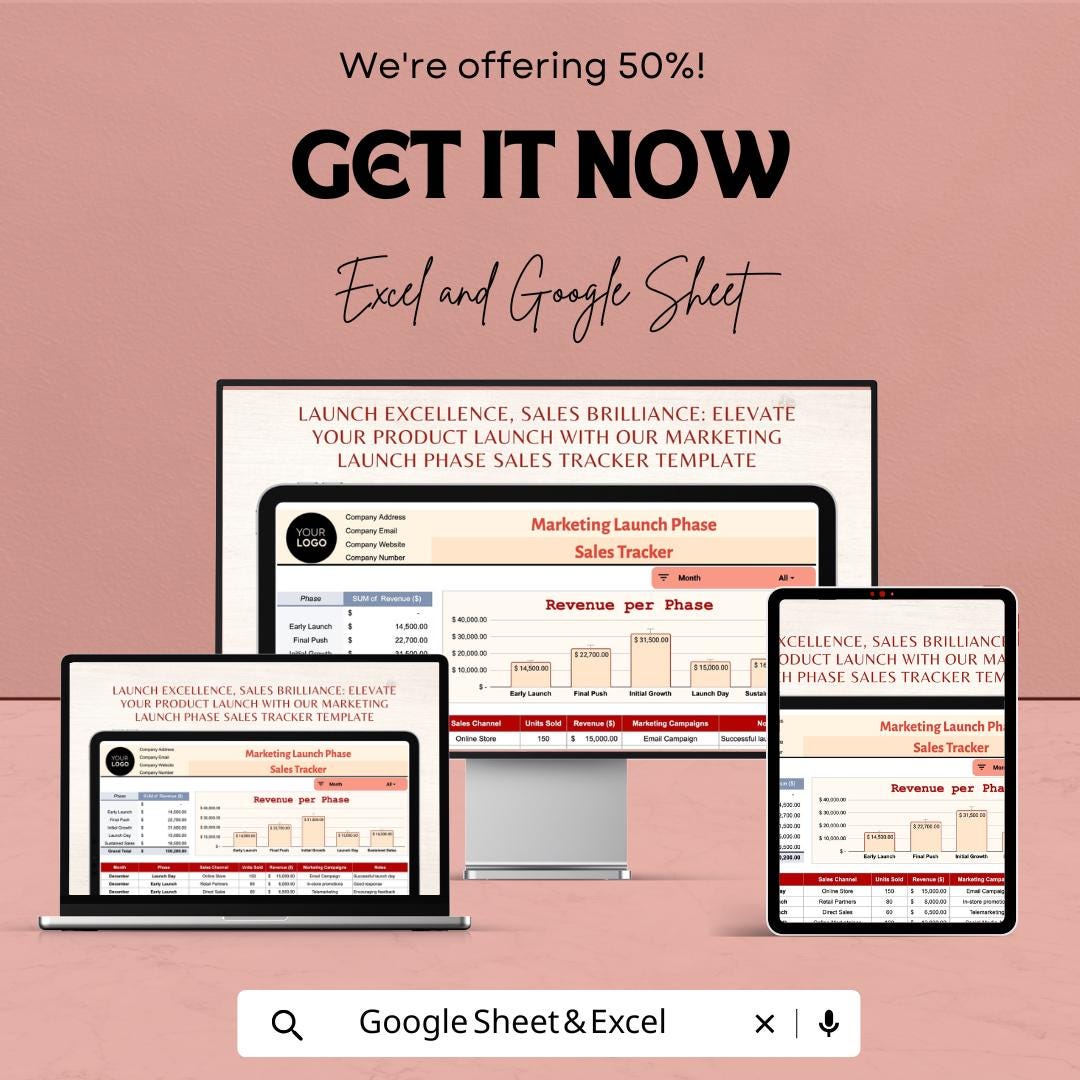 Marketing Launch Phase Sales Tracker Template | Product Launch Sales Dashboard | Excel & Google Sheets Marketing Tracker