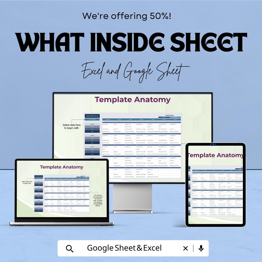Easy Meal Plan Sheet - Weekly Meal Planner for Simple and Organized Meal Prep - Excel and Google Sheet Template