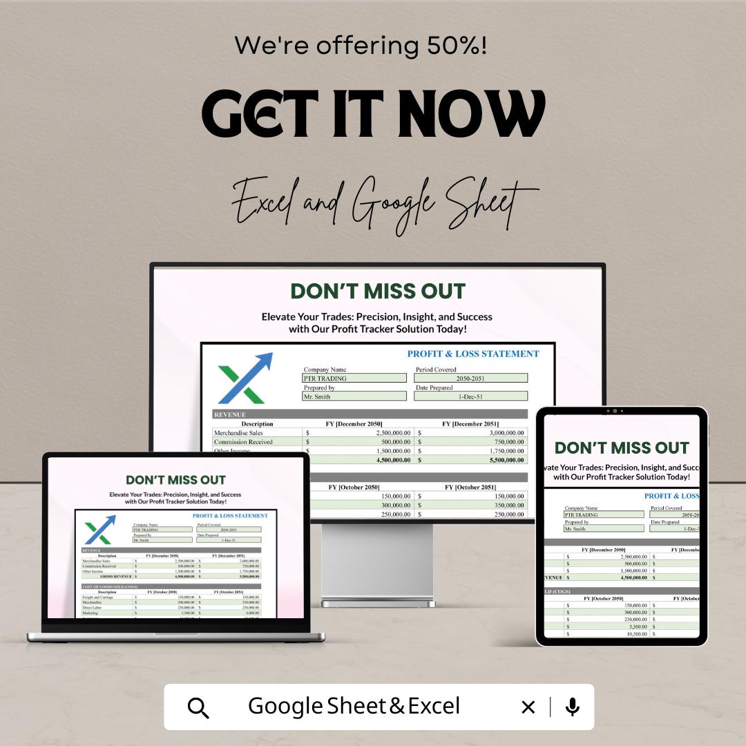 Trading Profit and Loss Template | Excel & Google Sheets | Financial Statement Tracker | Business Accounting Tool | Trade PL Report |