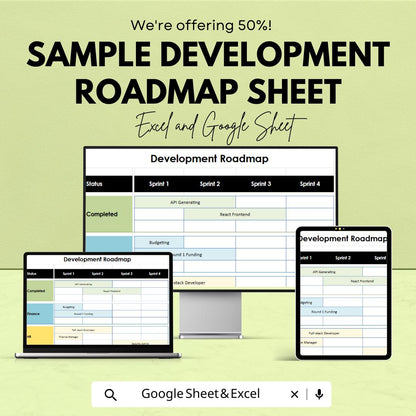 Sample Development Roadmap Sheet | Excel & Google Sheets Template | Sprint Planning | Task Management for Developers