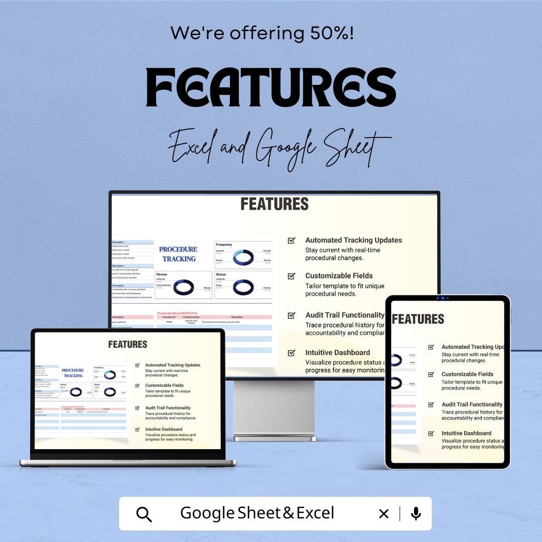 Financial Procedure Tracking Sheet | Excel & Google Sheets | Monitor and Optimize Financial Procedures | Customizable | Instant Download