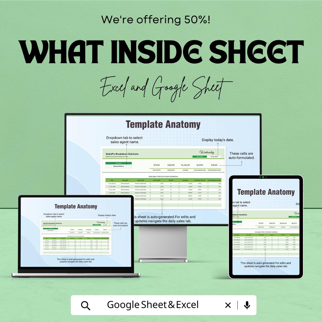 Sales Agent Wise Commission Breakdown Template | Sales Commission Tracker | Agent Performance Report | Excel & Google Sheets