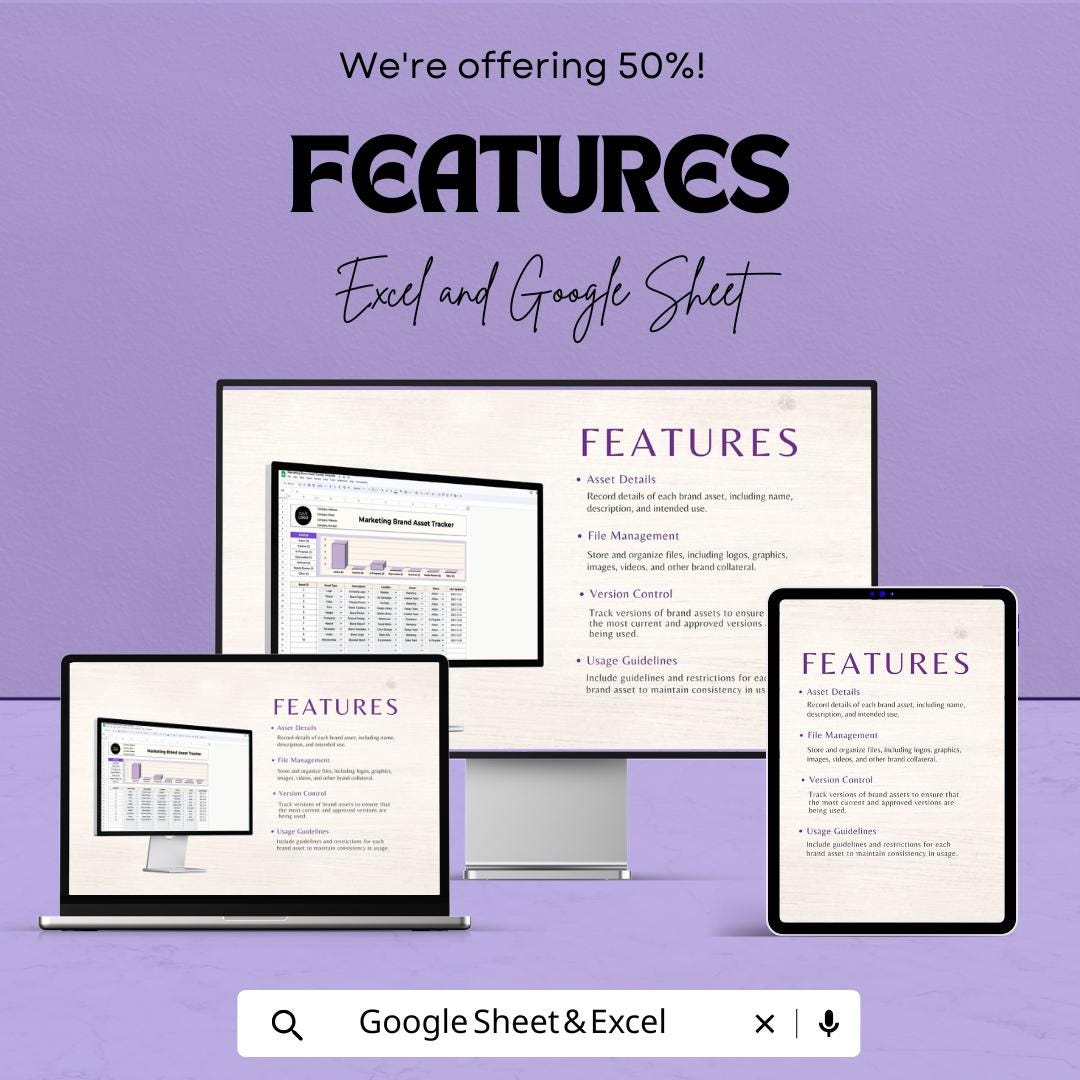 Marketing Brand Asset Tracker Sheet | Excel & Google Sheet | Brand Asset Management Template | Brand Tracker Spreadsheet