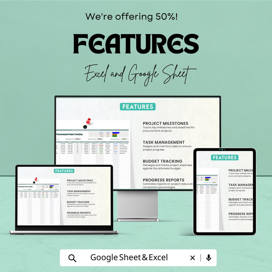 Administration Procurement Project Tracking Template, Procurement Tracker, Purchase Management Spreadsheet, Excel & Google Sheets