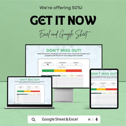 Homework Assignment Template | Student Assignment Tracker | Homework Planner Spreadsheet | Excel & Google Sheets | Study Organizer Sheet