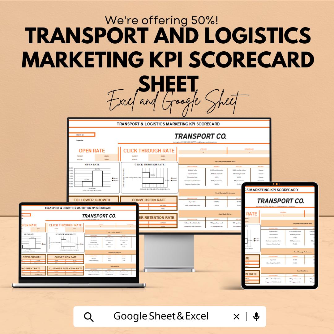 Transport and Logistics Marketing KPI Scorecard Sheet - Excel & Google Sheet Template for Marketing Performance