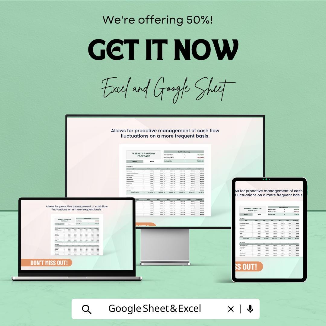 Weekly Cashflow Forecast Template, Excel & Google Sheets Cash Flow Planner, Weekly Budget Spreadsheet, Business Cash Flow Tracker
