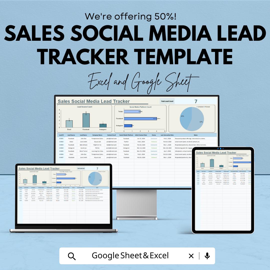 Sales Social Media Lead Tracker Template | Excel & Google Sheets | Lead Management Tracker | Social Media Lead Log | Lead Source Tracker |