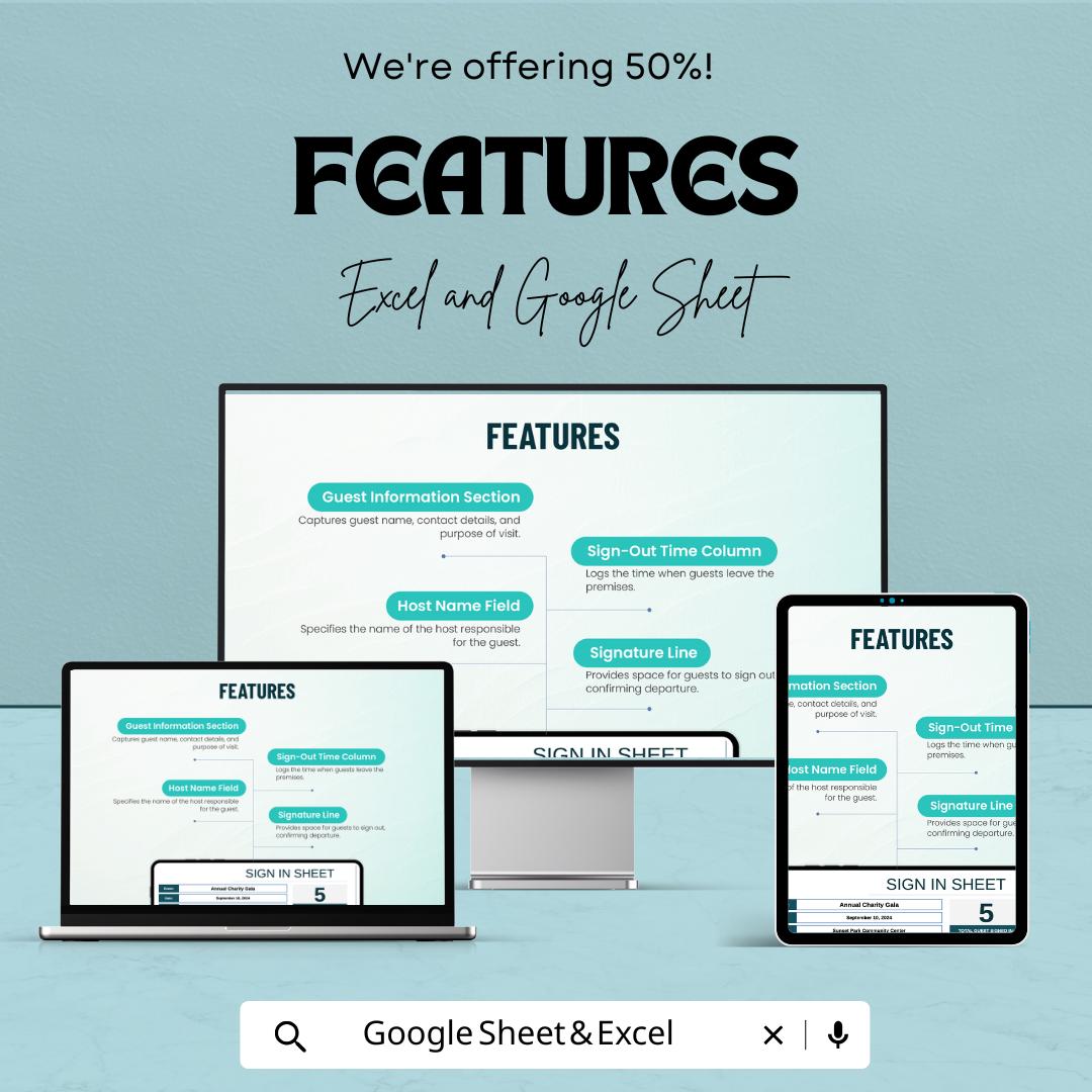 Guest Sign Out Sheet Template - Excel and Google Sheets for Event Check-Out | Track Guest Departures & Contact Information