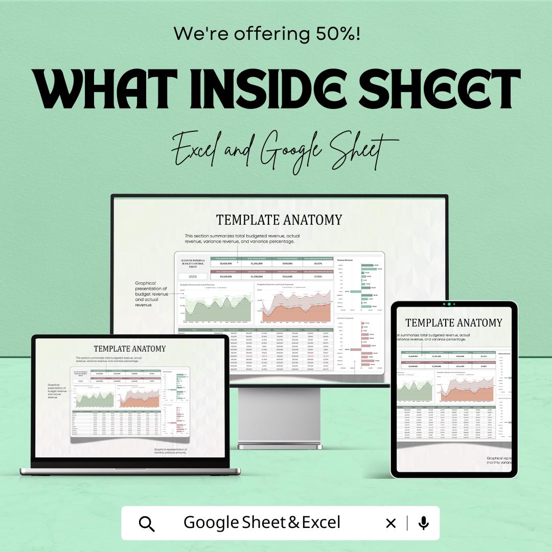 Account Internal Budget Control Sheet Template | Business Finance Tracker | Budget Planner | Expense & Revenue Dashboard