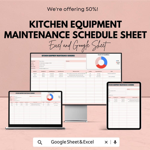 Kitchen Equipment Maintenance Schedule Sheet | Google Sheets & Excel Template for Efficient Kitchen Equipment Tracking
