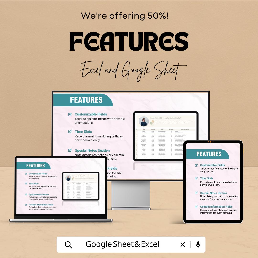 Birthday Party Sign In Template | Birthday Guest Book | Party Guest List | Editable Excel & Google Sheets