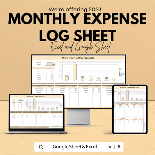 Monthly Expense Log Sheet - Excel & Google Sheets Budget Tracker for Personal Finance, Monthly Budget Tracker, Expense Management