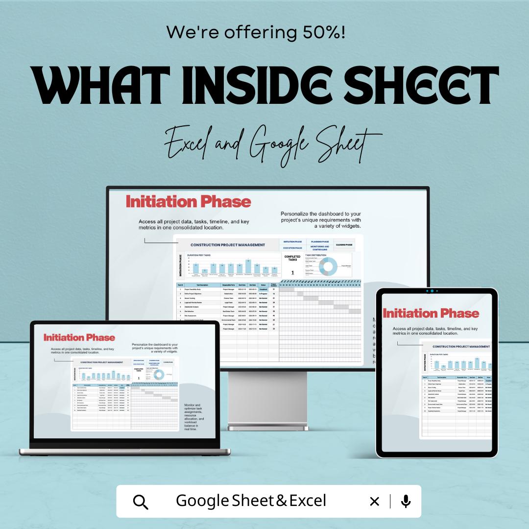 Construction Project Management Template | Project Planner Spreadsheet | Gantt Chart Tracker | Excel & Google Sheets