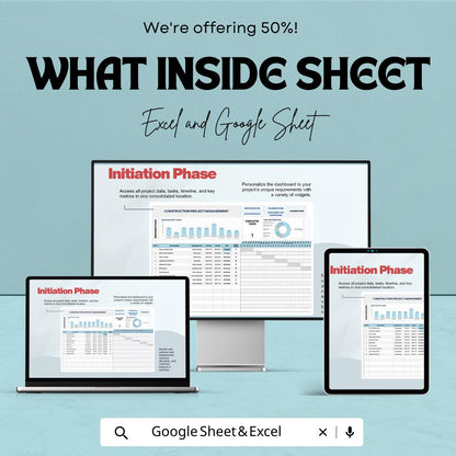 Construction Project Management Template | Project Planner Spreadsheet | Gantt Chart Tracker | Excel & Google Sheets