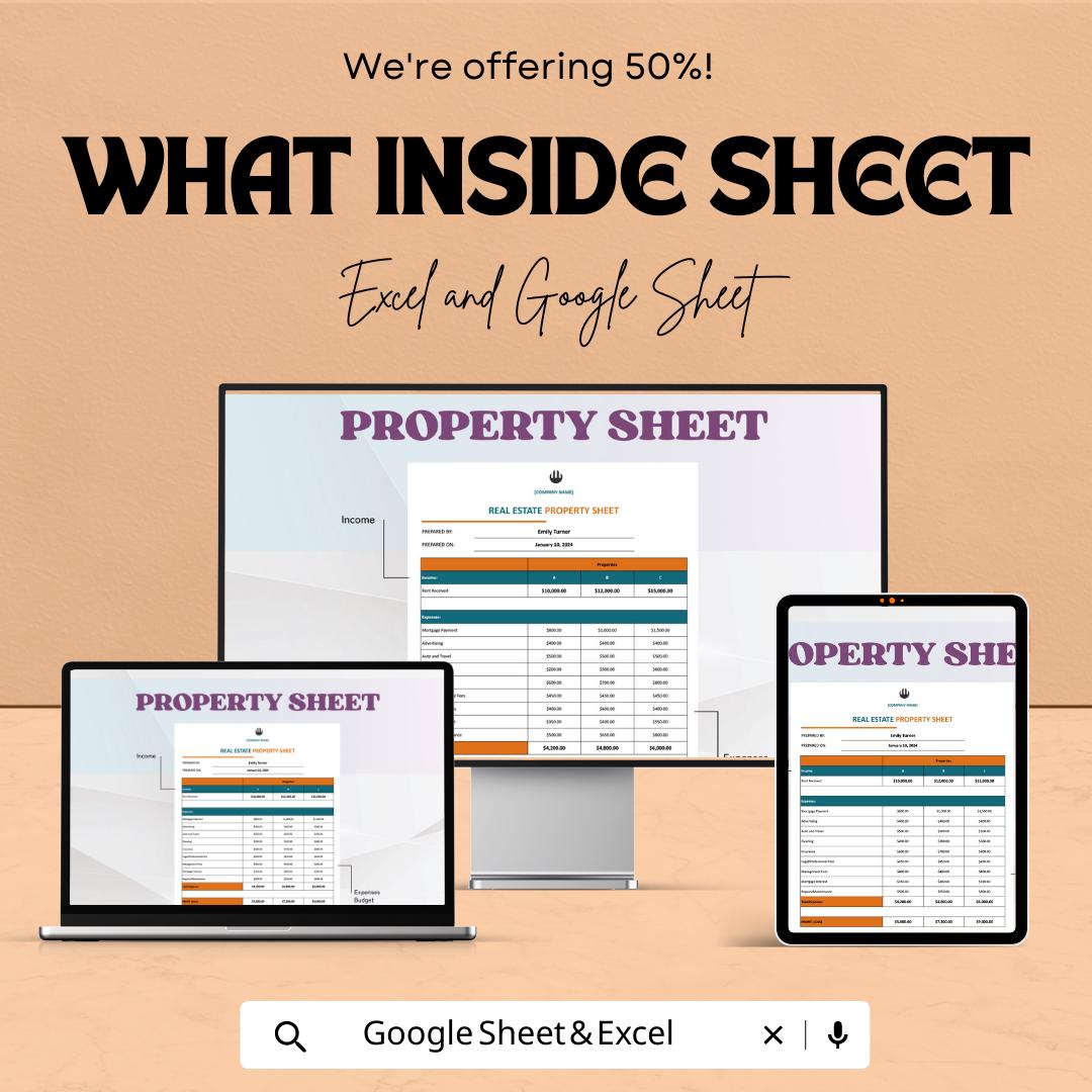 Real Estate Property Sheet Template | Excel & Google Sheets | Rental Property Tracker | Property Management Spreadsheet