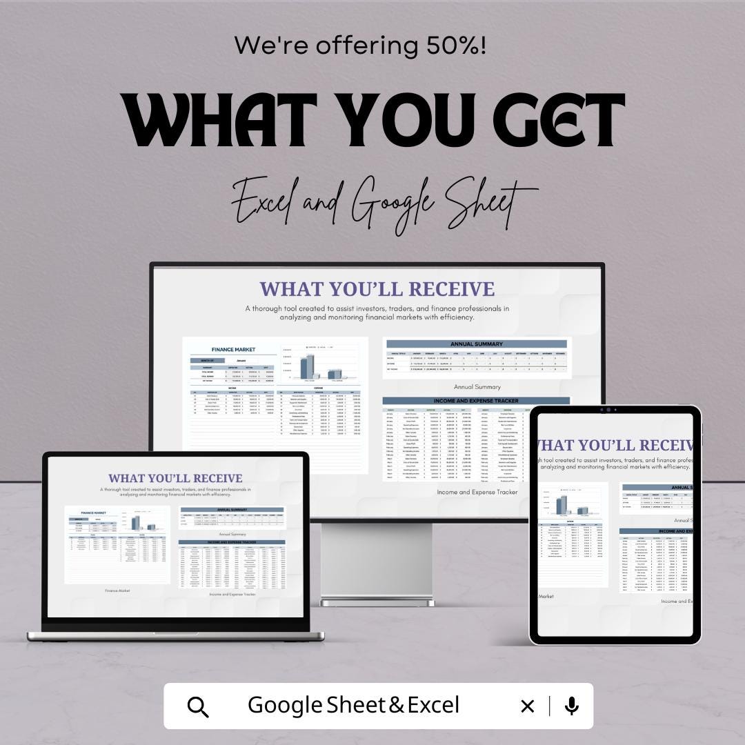 Finance Market Template | Financial Analysis Spreadsheet | Income & Expense Tracker | Market Summary Dashboard