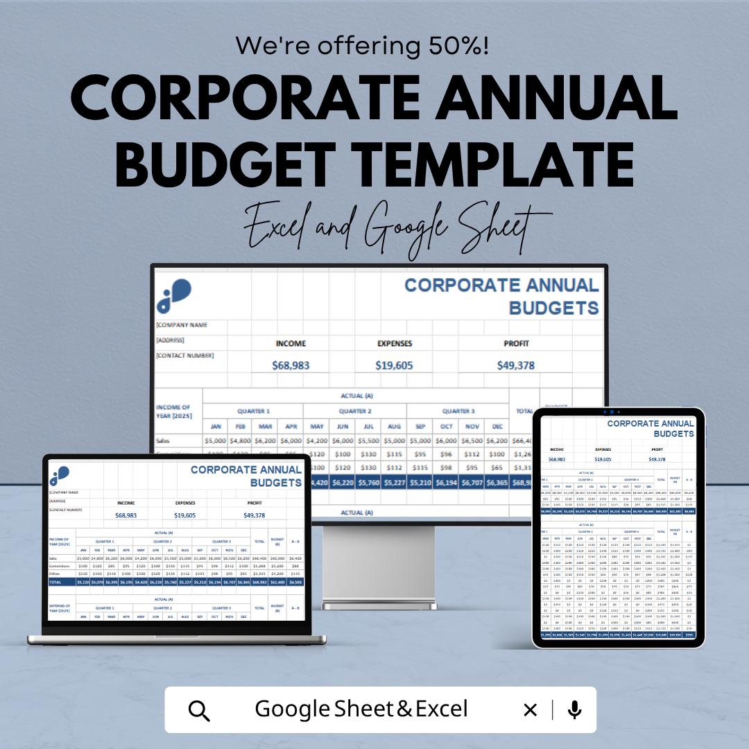 Corporate Annual Budget Template | Business Budget Spreadsheet | Financial Planning Template | Company Expense Tracker