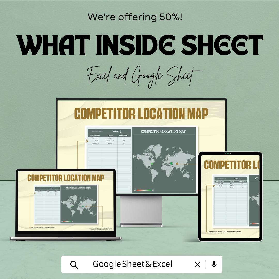 Competitor Location Map Template Excel, Market Analysis Map, Business Competitor Tracker, Google Sheets Dashboard, Market Share Map