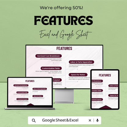 Printable Auto Repair Estimate Template | Garage Repair Quote Spreadsheet | Mechanic Service Estimate Form | Auto Shop Invoice Tracker |