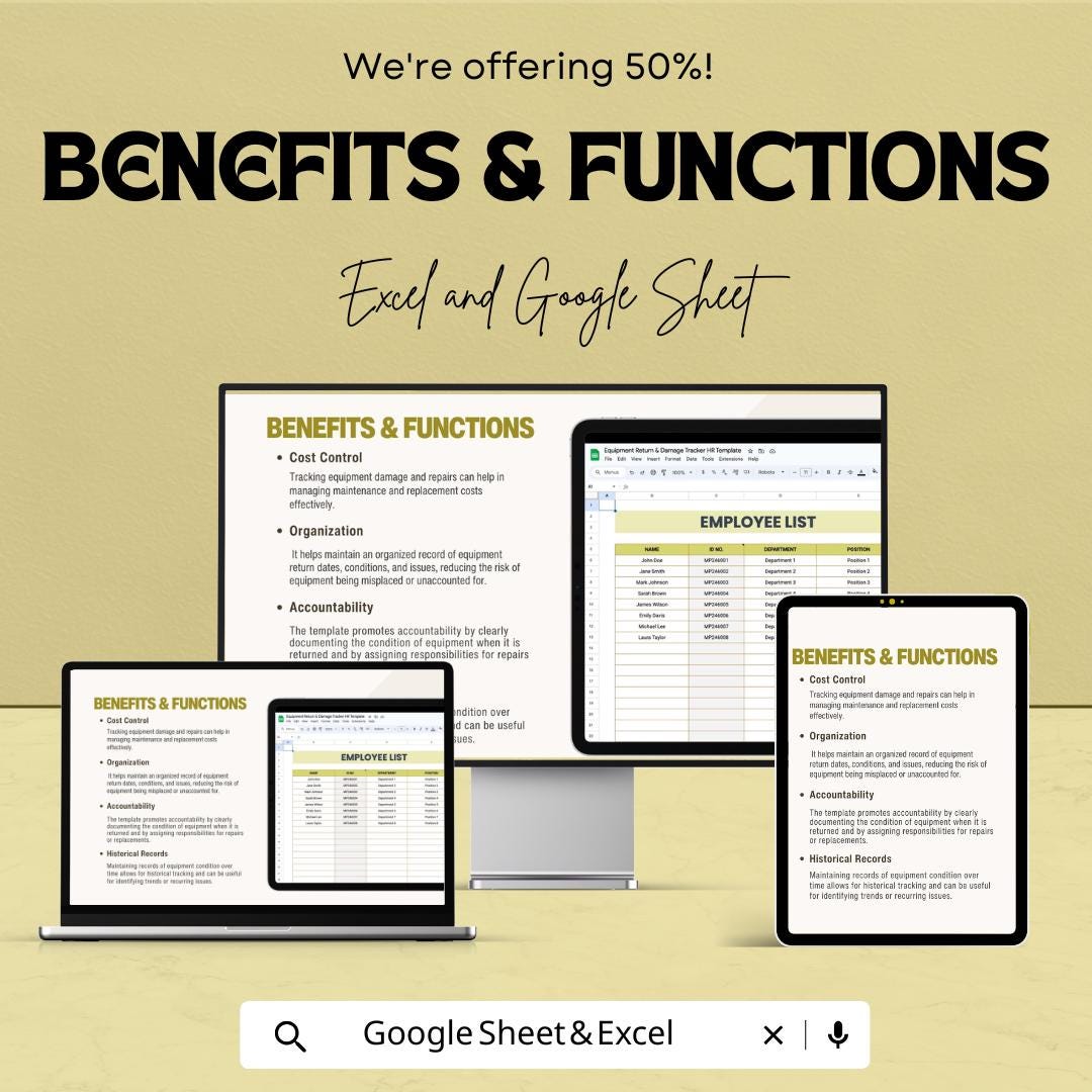 Equipment Return and Damage Tracker HR Template, Employee Asset Tracking Spreadsheet, Equipment Log, Excel and Google Sheets HR Tool