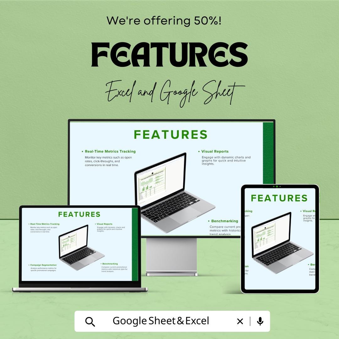 Email Marketing Promotional Performance Metrics Template | Excel & Google Sheets | Email KPI Dashboard | Email Campaign Analytics Tracker |
