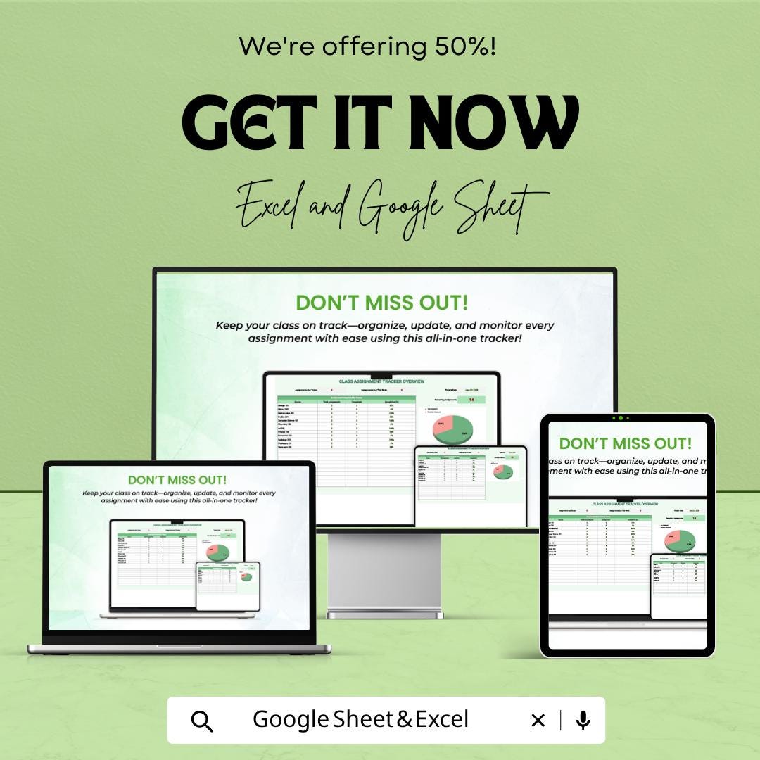 Class Assignment Tracker | Student Planner Google Sheets | Homework Tracker Template | Assignment Organizer | School Productivity Planner