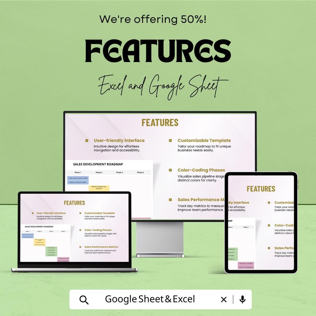 Sample Sales Development Roadmap Sheet | Sales Growth Plan | Customizable Sales Strategy Template | Excel & Google Sheets | Instant Download