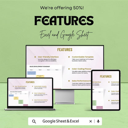 Sample Sales Development Roadmap Sheet | Sales Growth Plan | Customizable Sales Strategy Template | Excel & Google Sheets | Instant Download