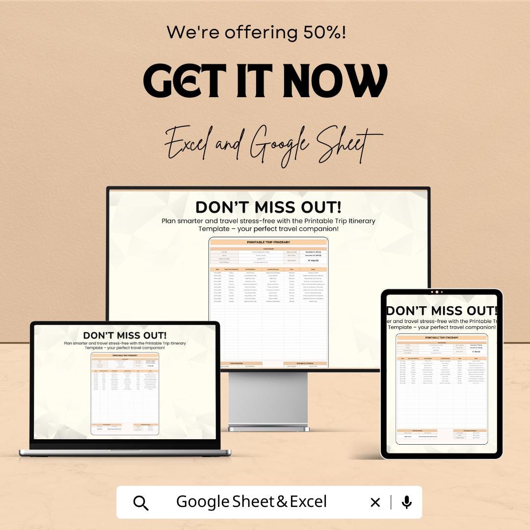Printable Trip Itinerary Template | Travel Planner Schedule | Google Sheets and Excel | Vacation Planning Sheet | Daily Travel Organizer