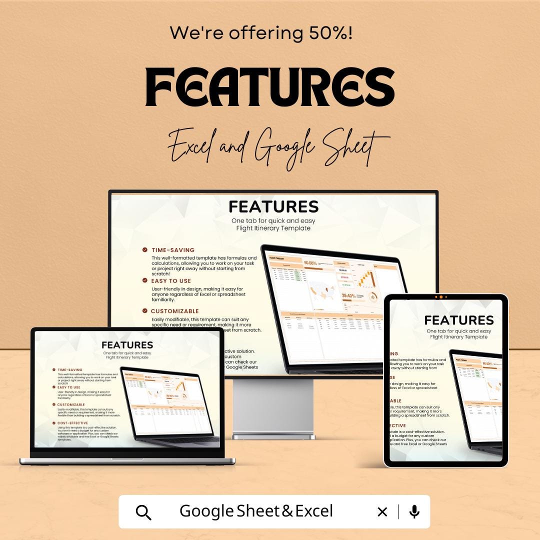 Flight Itinerary Sheet for Travel Planning - Google Sheet Template - Personalized and Easy to Use - Flight Schedule & Travel Details Tracker