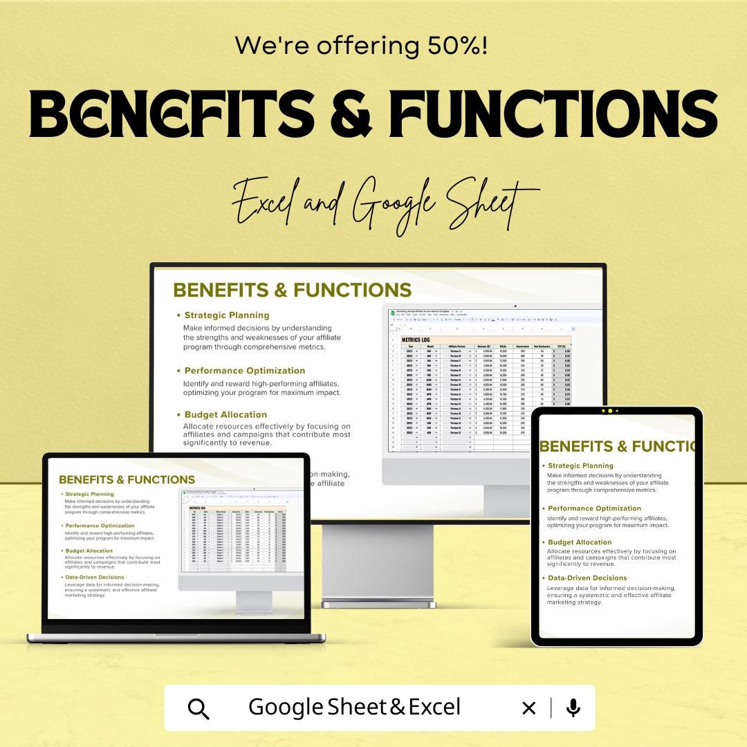 Marketing Annual Affiliate Review Metrics Sheet - Google Sheet Template for Performance Analysis & Tracking | Affiliate Program Analysis