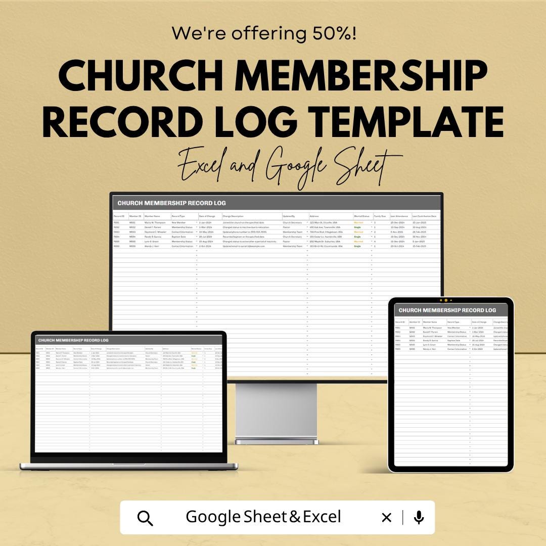 Church Membership Record Log Template | Church Member Tracker Spreadsheet | Excel & Google Sheets Template | Ministry Management